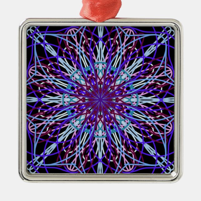 Lila Schwarzes Kaleidoskop Mandala Art Silbernes Ornament (Vorne)