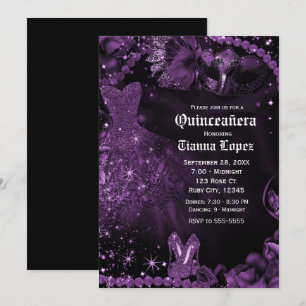 Lila Schwarzes Kleid Masquerade Quinceañera 15 Par Einladung