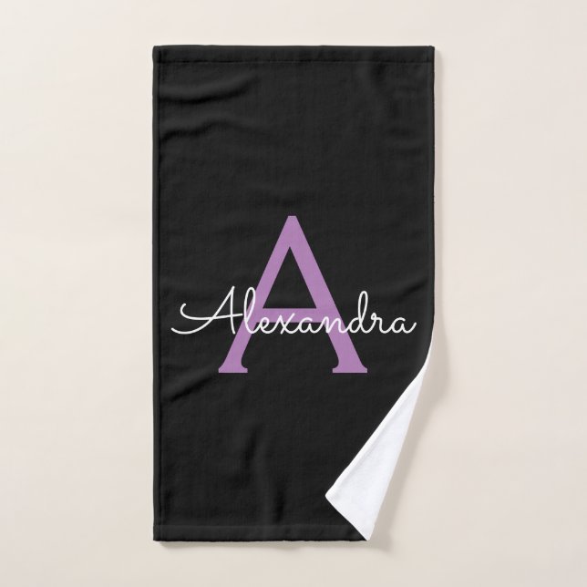 Lila Schwarzes Mädchen-Script Monogramm Name Handtuch (Handtuch)
