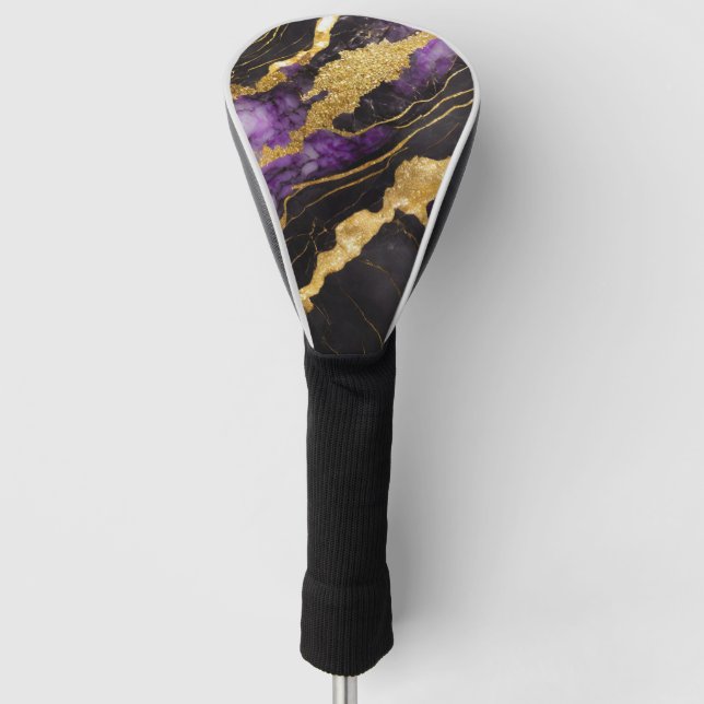 Lila schwarzes Marmormuster mit Gold Golf Headcover (Vorderseite)