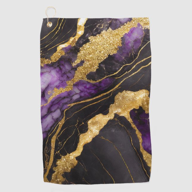 Lila schwarzes Marmormuster mit Gold Golfhandtuch (Vorderseite)