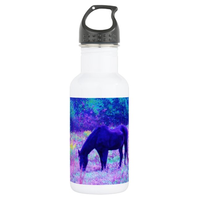 Lila Schwarzes Pferd im Regenbogenfeld Edelstahlflasche (Vorderseite)