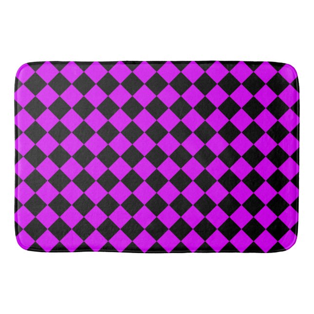 Lila Schwarzes Schachbrett Diamantmuster Badematte (Vorderseite)