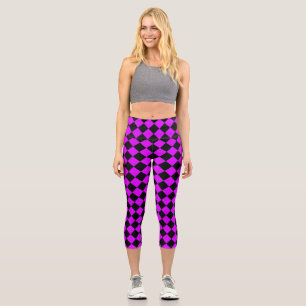 Lila Schwarzes Schachbrett Diamantmuster Capri Leggings