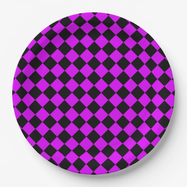 Lila Schwarzes Schachbrett Diamantmuster Pappteller (Vorderseite)