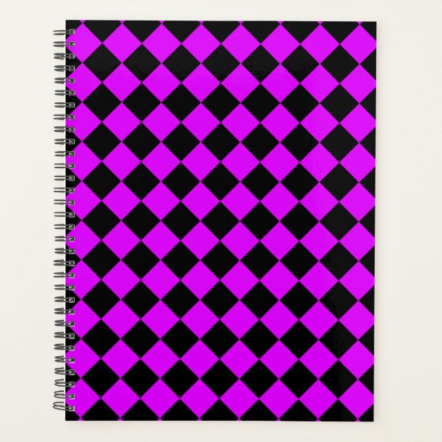 Lila Schwarzes Schachbrett Diamantmuster Planer (Vorderseite)