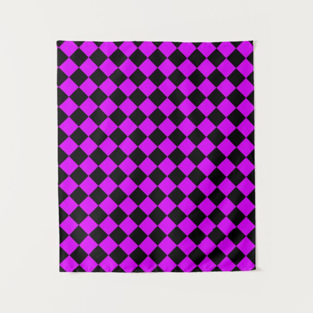 Lila Schwarzes Schachbrett Diamantmuster Wandteppich (Vorderseite)