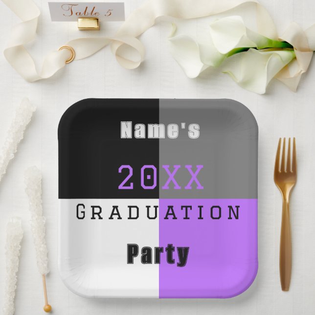 Lila Schwarzweiß-Graduierungspartei Pappteller (Hochzeit)
