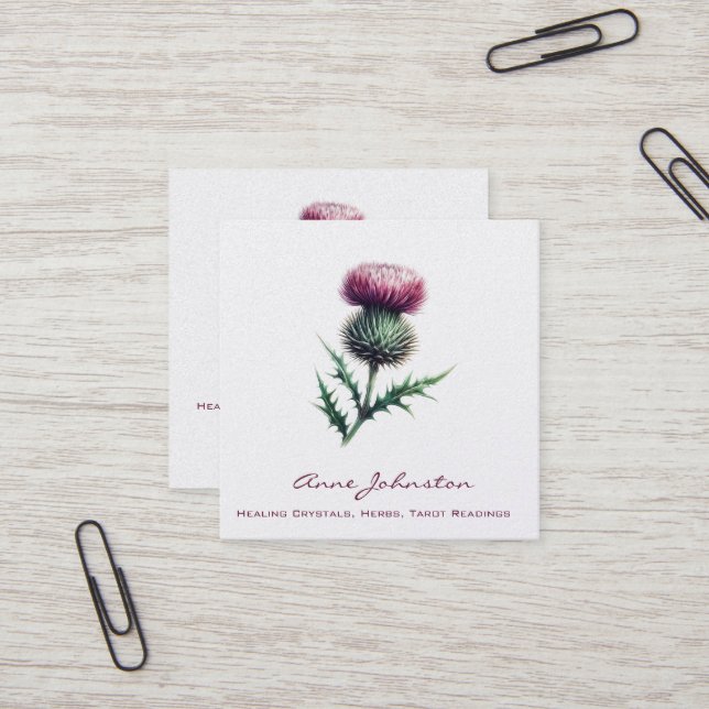 Lila Scottish Thistle Square Business Card Quadratische Visitenkarte (Vorderseite/Rückseite Beispiel)