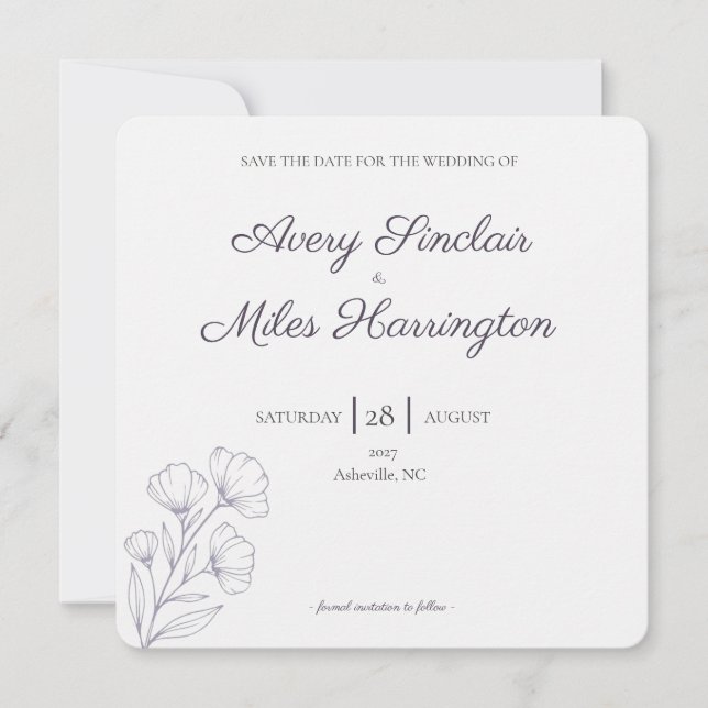 Lila-Script-Linienkunst-Hochzeit Save the Date (Vorderseite)