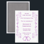 Lila Scroll Design-Hochzeit speichern das Datum Magnet<br><div class="desc">Hochzeit speichern Sie das Design der Datums-Magneten Glocken. Passen Sie diese lila Hochzeit an,  speichern Sie den Datums-Magneten mit Ihren Hochzeitsdetails. Wenn Sie Hilfe bei der Anpassung benötigen,  kontaktieren Sie uns über den Link auf dieser Seite. Lila Glocken Design personalisierte Hochzeit speichern den Datums-Magneten</div>