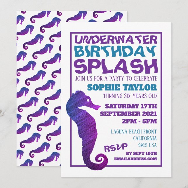 Lila Seepferd, Aquatic Birthday Party Einladung (Vorne/Hinten)