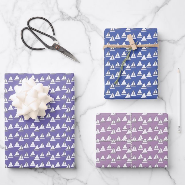 Lila Segelboote Geschenkpapier Set (Vorderseite)