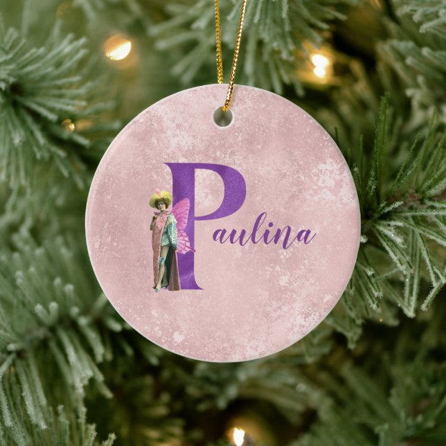 Lila Shimmer Illustrierter Buchstabe P Name Keramik Ornament (Baum)