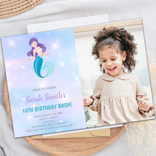 Lila Shine Mermaid Geburtstagsaufenthalte Einladung (Purple shine Mermaid Birthday Invitations w Photo)