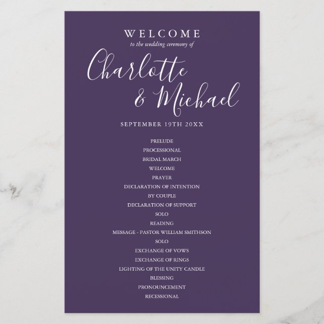 Lila Signature Script-Hochzeitsprogramm (Vorderseite)