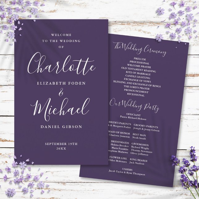 Lila Signature Script-Hochzeitsprogramm (Purple Signature Script Wedding Program)