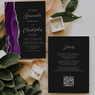 Lila Silber-Achat-Dunkler QR-Code-Hochzeit Einladung