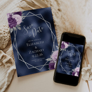 Lila Silber Blumen Geo Navy Folie Save-the-Date Save The Date