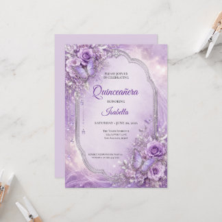 Lila Silber Blumen Prinzessin Quinceañera Einladung