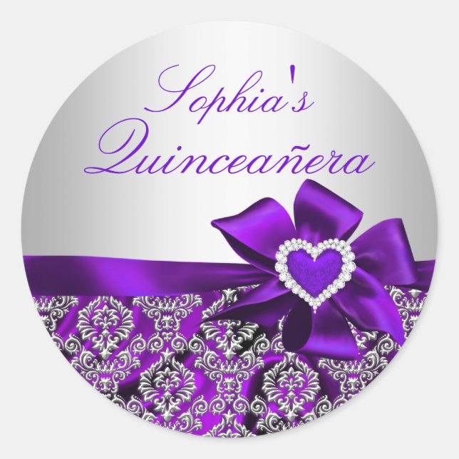 Lila & silber Damask Quinceanera Sticker (Vorderseite)