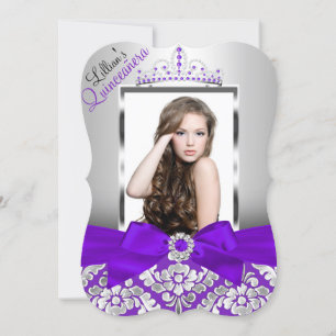 Lila Silber Damast & Tiara Foto Quinceanera Einladung