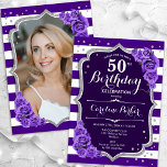 Lila Silber-Foto 50. Geburtstag Einladung<br><div class="desc">Elegante florale feminine 50. Geburtstagseinladung mit Ihrem Foto auf der Kartenrückseite. Glam lila weißes Design mit Imitaten Glitzer Silber. Features Streifen, lila Rose, Skript-Schriftart und Konfetti. Ideal für ein stilvolles Party für Erwachsene. Personalisieren Sie Ihre persönlichen Daten. Kann für jedes Alter angepasst werden! Gedruckte Zazzle Einladungen oder Sofortdownload digitalen druckbaren...</div>