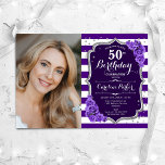 Lila Silber-Foto 50. Geburtstag Einladung<br><div class="desc">Elegante florale feminine 50. Geburtstagseinladung mit Ihrem Foto. Glam lila silberweiß Design mit Imitat Glitzer Silber. Enthält Streifen,  Lavendel-Rose,  Skript-Schriftart und Konfetti. Ideal für ein stilvolles Party für Erwachsene. Personalisieren Sie Ihre persönlichen Daten. Kann für jedes Alter angepasst werden! Gedruckte Zazzle Einladungen oder Sofortdownload digitalen druckbaren Vorlage.</div>