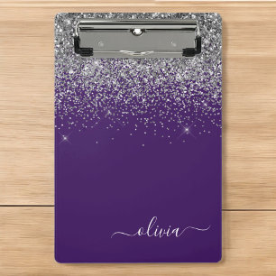 Lila Silber Glitter Mädchen Glam Monogramm Mini Klemmbrett