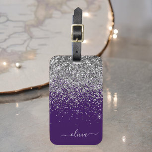 Lila Silber Glitter Mädchen Monogramm Name Gepäckanhänger