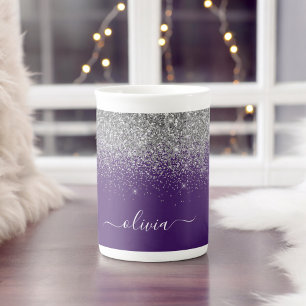 Lila Silber Glitter Mädchen Monogramm Name Prozellantasse