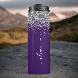 Lila Silber Glitter Mädchen Monogramm Name Thermosbecher
