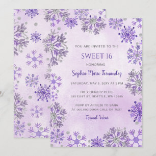 Lila Silber Glitter Schneeflocken Winter Sweet 16 Einladung