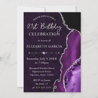 Lila & silber Glitzer Agate Marmor Geburtstag Einladung