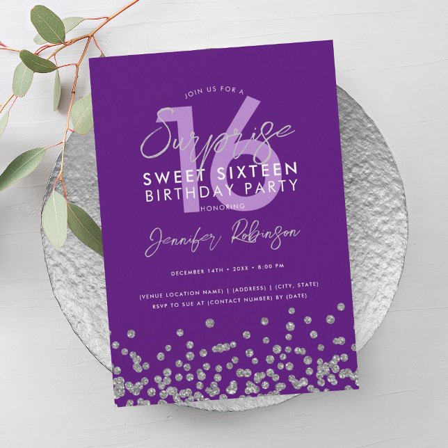 Lila Silber Glitzer Confetti Überraschung Sweet 16 Einladung (Purple Silver Glitter Confetti Surprise Sweet 16 Invitation)
