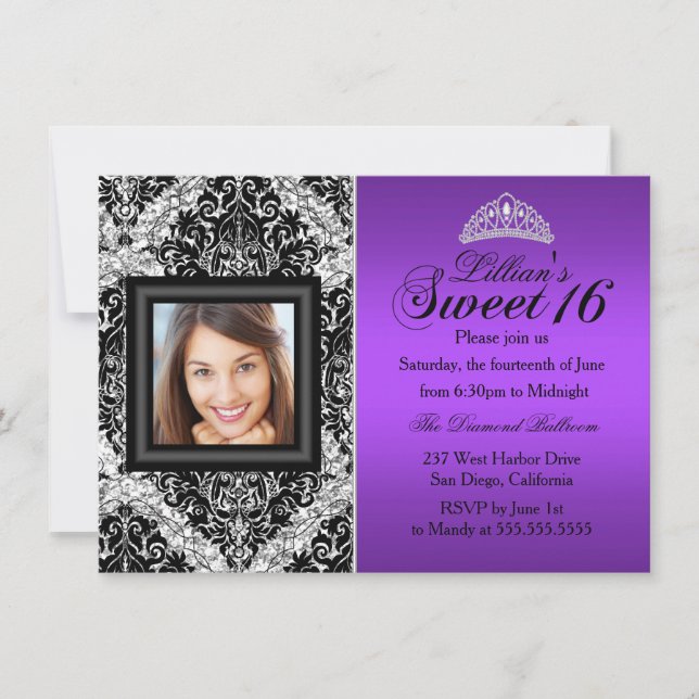 Lila Silber Glitzer Damask Foto Sweet 16 Einladung (Vorderseite)