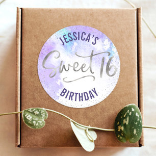 Lila Silber Glitzer Sweet 16 Watercolor Geburtstag Runder Aufkleber