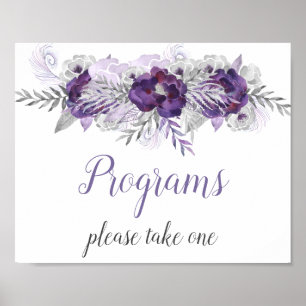 Lila Silber Grau Florales Hochzeitsprogramm Schild