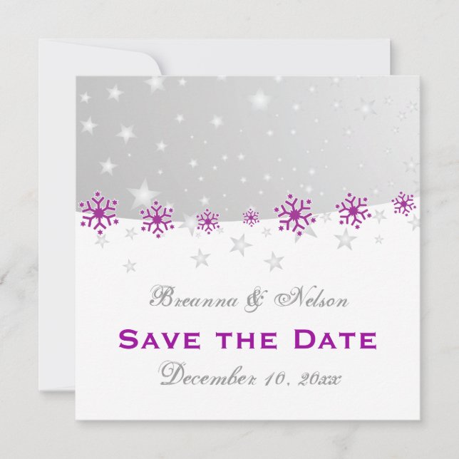 Lila Silber-Schneeflocke Hochzeit Sichern Sie das  Save The Date (Vorderseite)