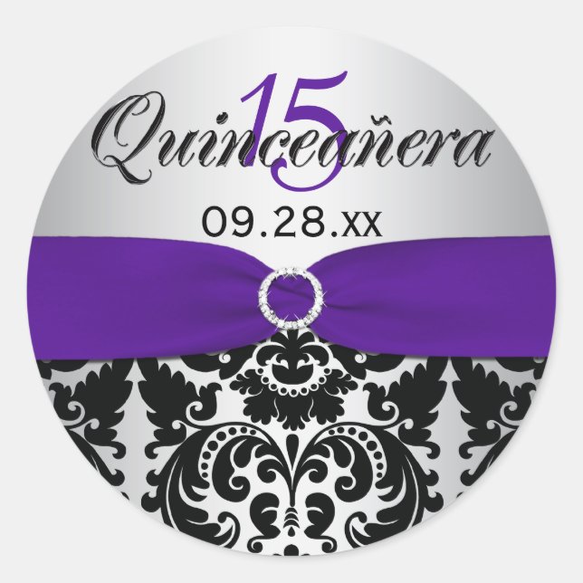 Lila, silber, schwarz Damask Quinceanera Sticker (Vorderseite)