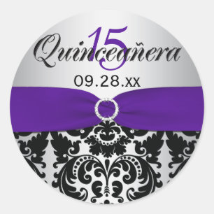 Lila, silber, schwarz Damask Quinceanera Sticker