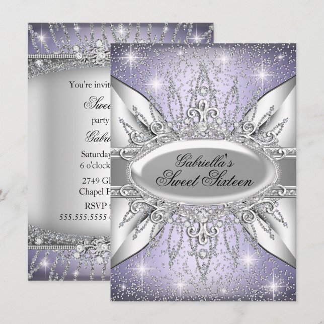 Lila & silber Sparkle Diamant Sweet 16 Einladung (Vorne/Hinten)