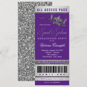 Lila Silber Sweet 16 Maskenball-Party-Ticket Einladung