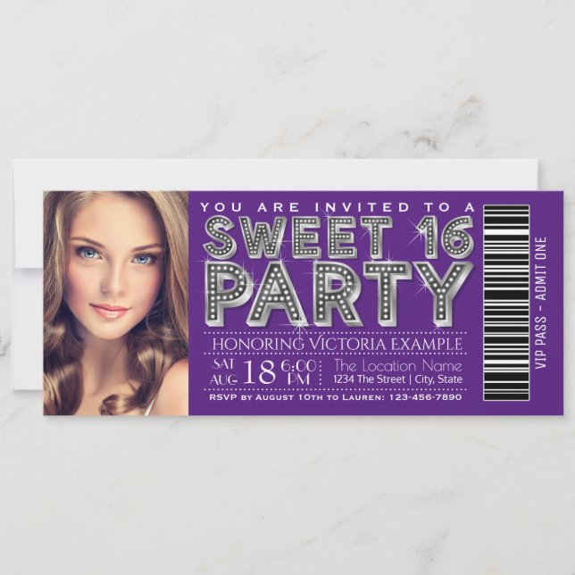 Lila Silber Sweet 16 Ticket Einladung (Vorderseite)