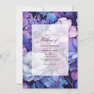 Lila, Silber und Blaue Florale Hochzeit Einladung