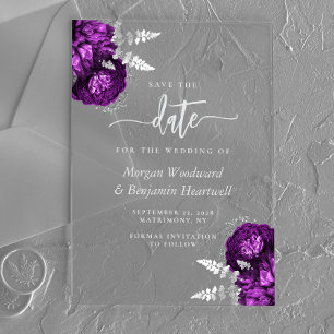 Lila Silberblume Hochzeit Sichern Sie das Datum Acryleinladungen