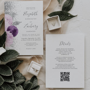 Lila Silberblumen-Glitzer Weißer QR-Code Hochzeit Einladung
