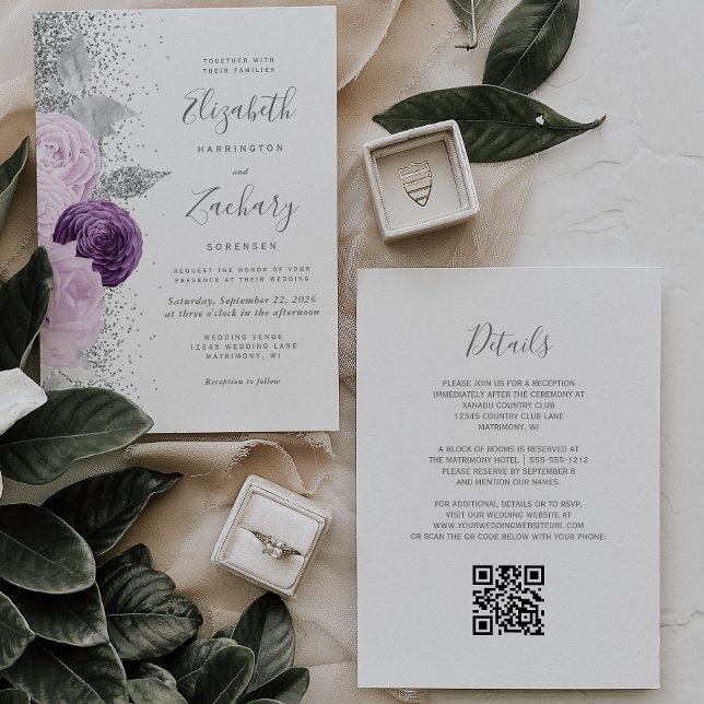 Lila Silberblumen-Glitzer Weißer QR-Code Hochzeit Einladung (Von Creator hochgeladen)