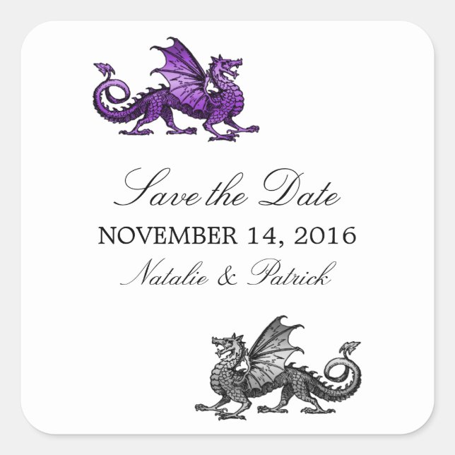 Lila Silberdrache Save the Date Stickers (Vorderseite)