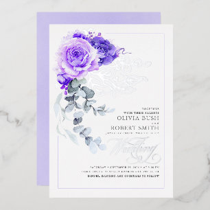 Lila Silberfolie Florale Boho-Hochzeit Folieneinladung